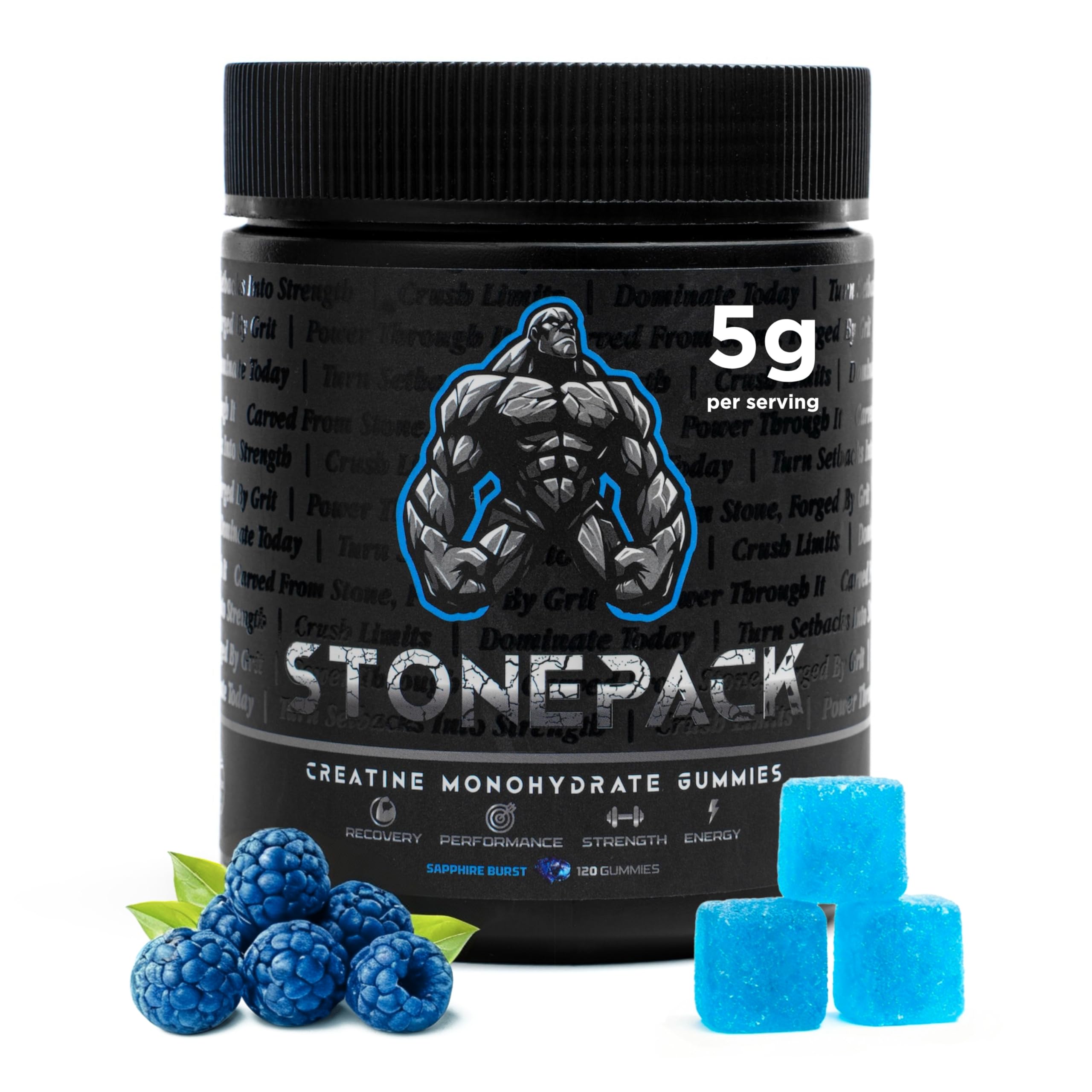 Stonepack Creatine Gummies bottle label shows 5g dosage for reliable training support.