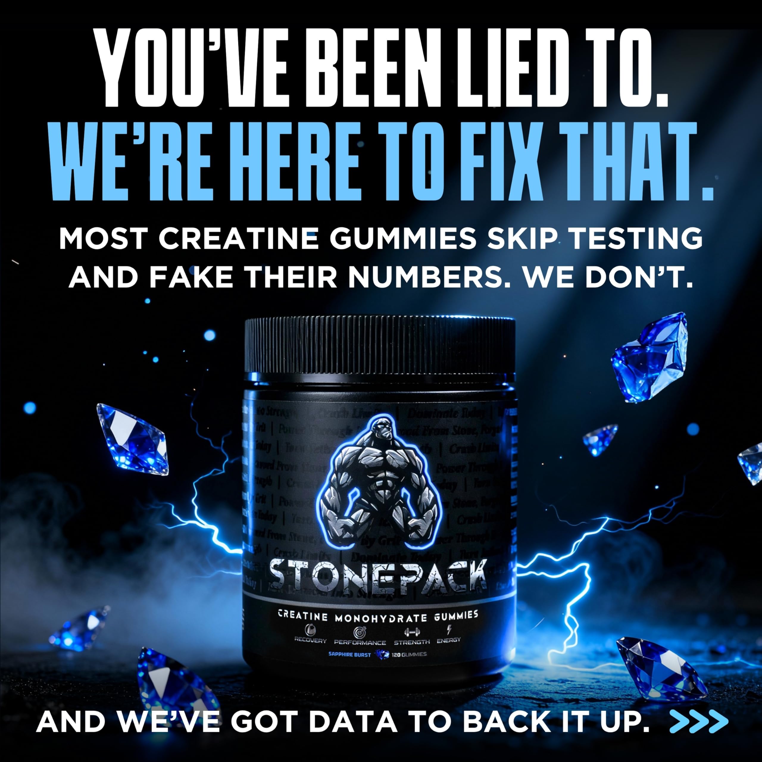 Stonepack Creatine Gummies pouring bottle highlights quick, on-the-go supplementation for workouts.