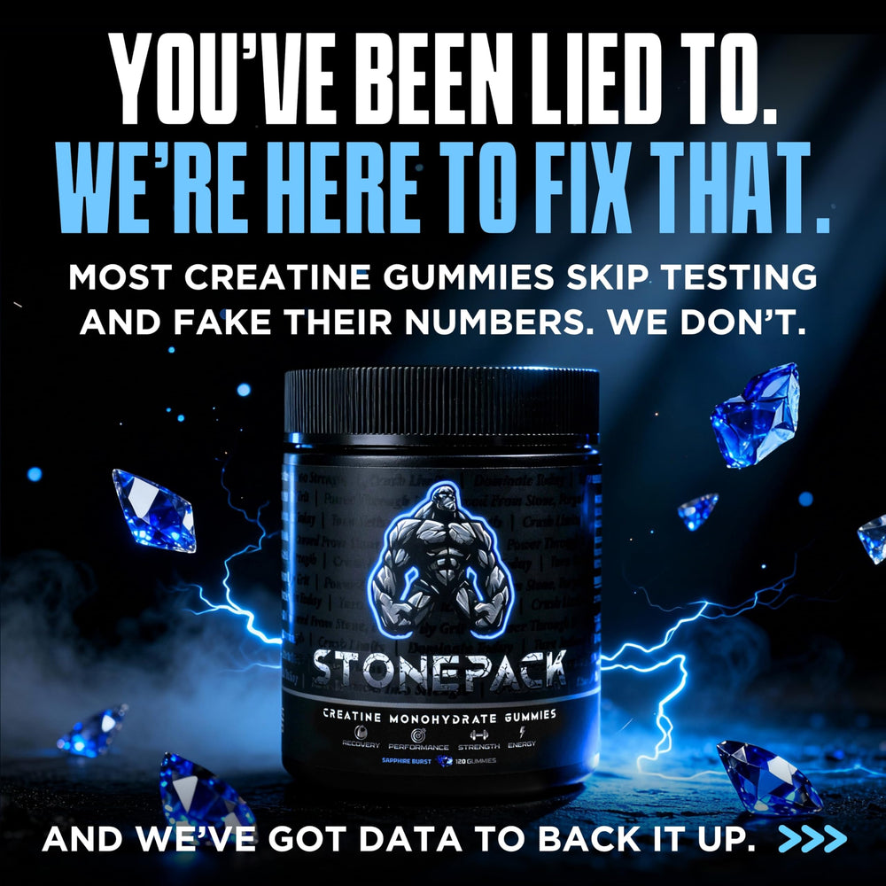 Stonepack Creatine Gummies pouring bottle highlights quick, on-the-go supplementation for workouts.
