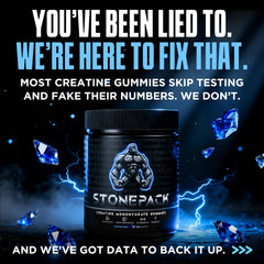 Stonepack Creatine Gummies pouring bottle highlights quick, on-the-go supplementation for workouts.