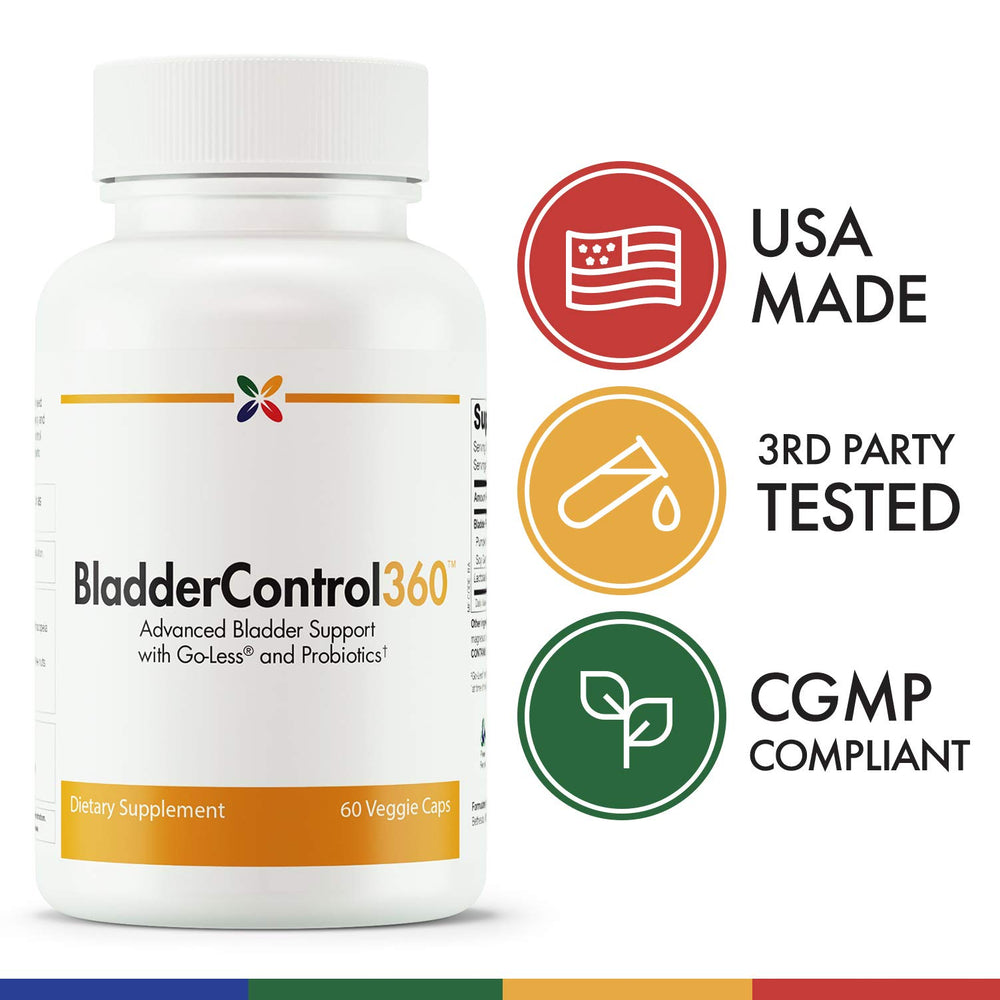 Close-up of Stop Aging Now BladderControl360 label and ingredient highlights.