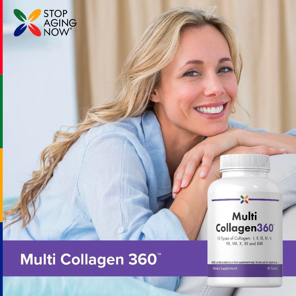 Stop Aging Now bottle with a glass of water for daily routine.