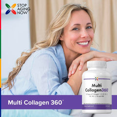 Stop Aging Now bottle with a glass of water for daily routine.