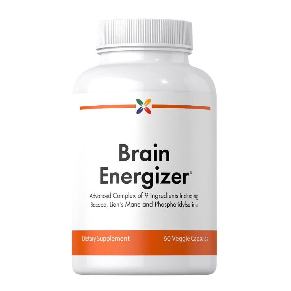 Stop Aging Now Brain Energizer bottle with 60 veggie capsules for daily focus.