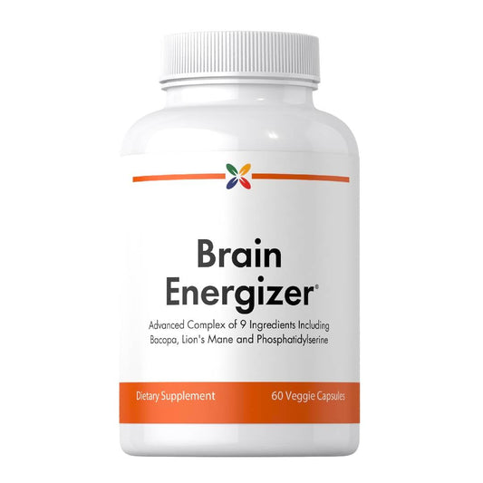 Stop Aging Now Brain Energizer bottle with 60 veggie capsules for daily focus.