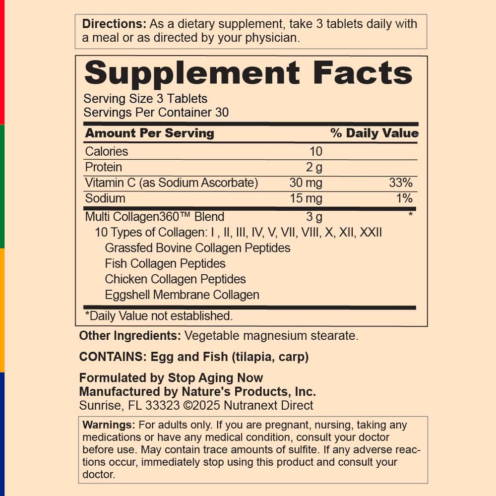 Chart highlighting ten collagen varieties included in Stop Aging Now Multi Collagen.