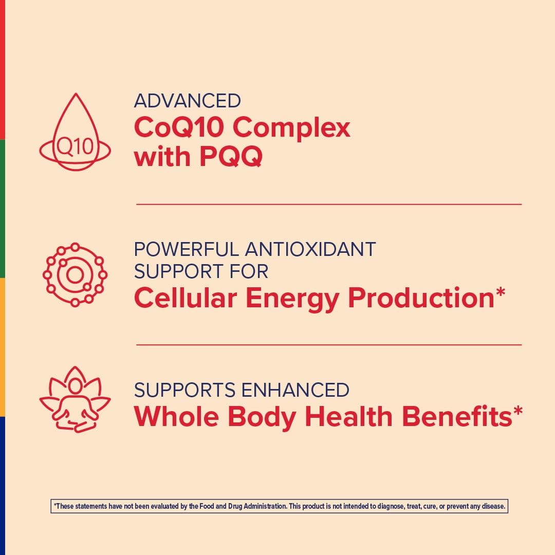 Closeup of Stop Aging Now CoQ10 softgels showing smooth, easy-to-swallow capsules.