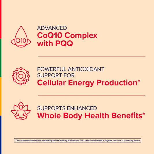 Closeup of Stop Aging Now CoQ10 softgels showing smooth, easy-to-swallow capsules.