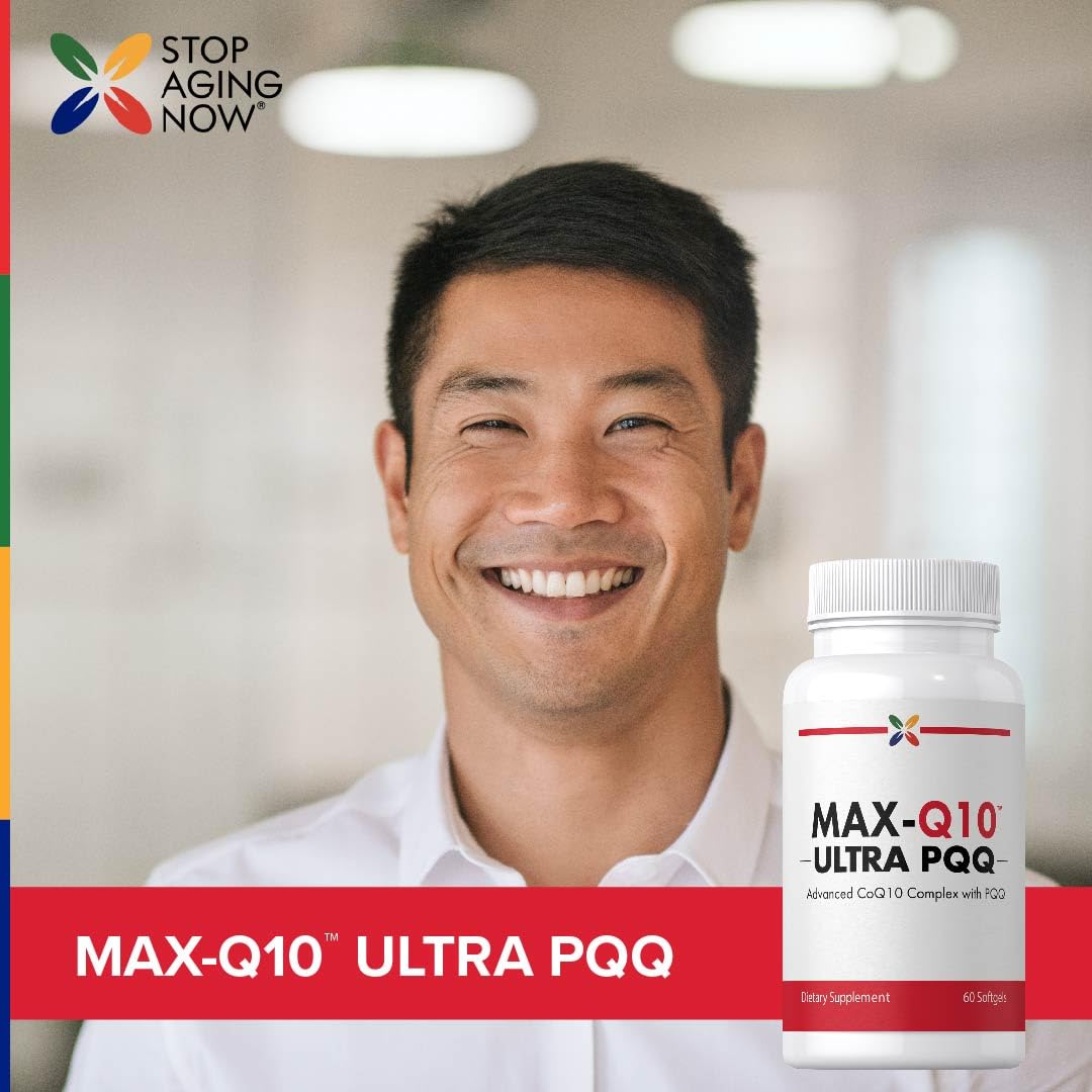 Stop Aging Now CoQ10 softgels on a glass surface, convenient to take.