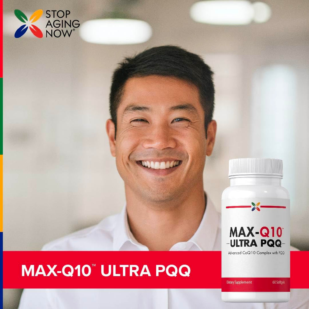 Stop Aging Now CoQ10 softgels on a glass surface, convenient to take.