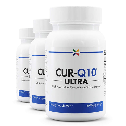 Stop Aging Now CUR-Q10 Ultra Complex bottle on shelf signaling daily brain and heart support