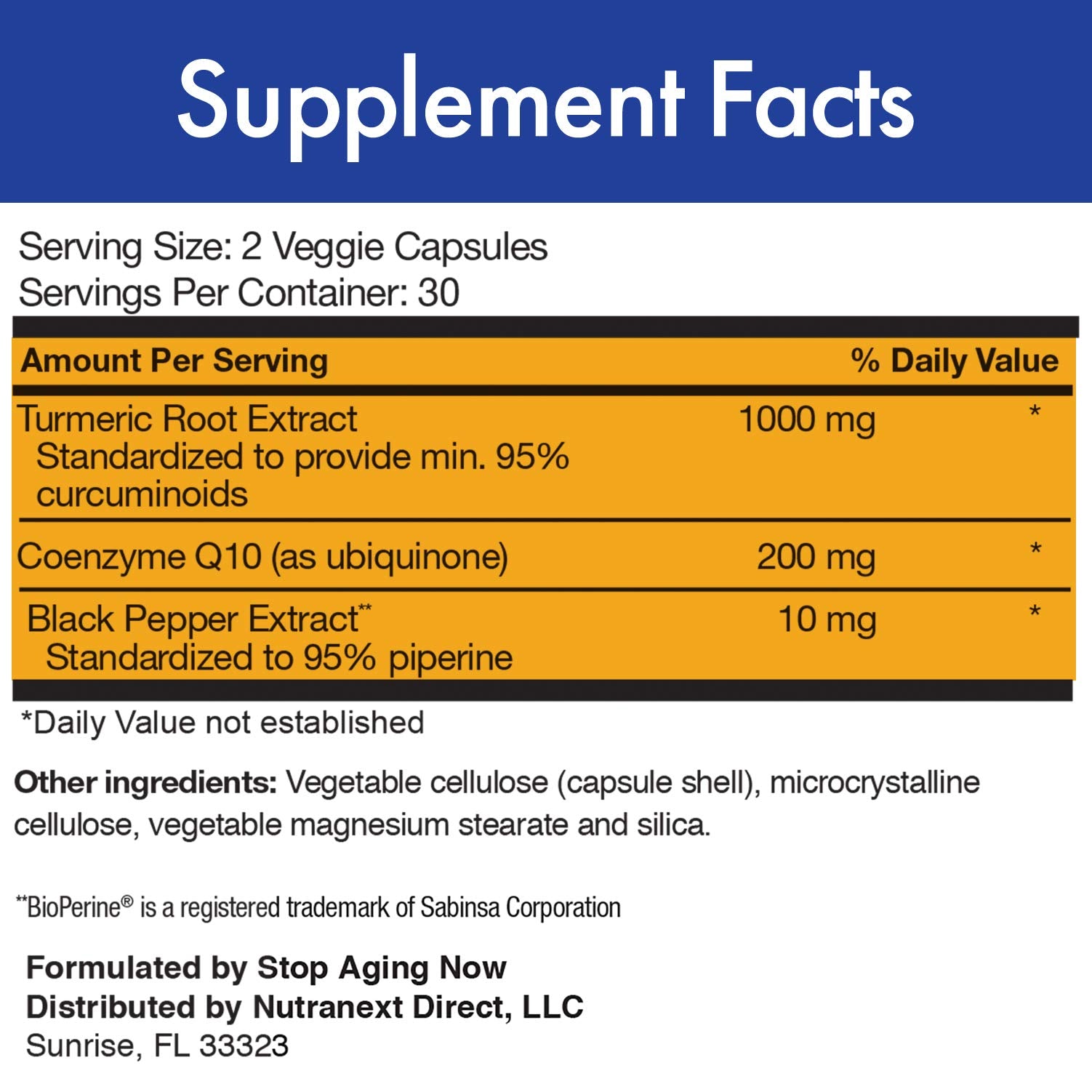 Stop Aging Now CUR-Q10 Ultra Complex ingredients blend with turmeric and CoQ10