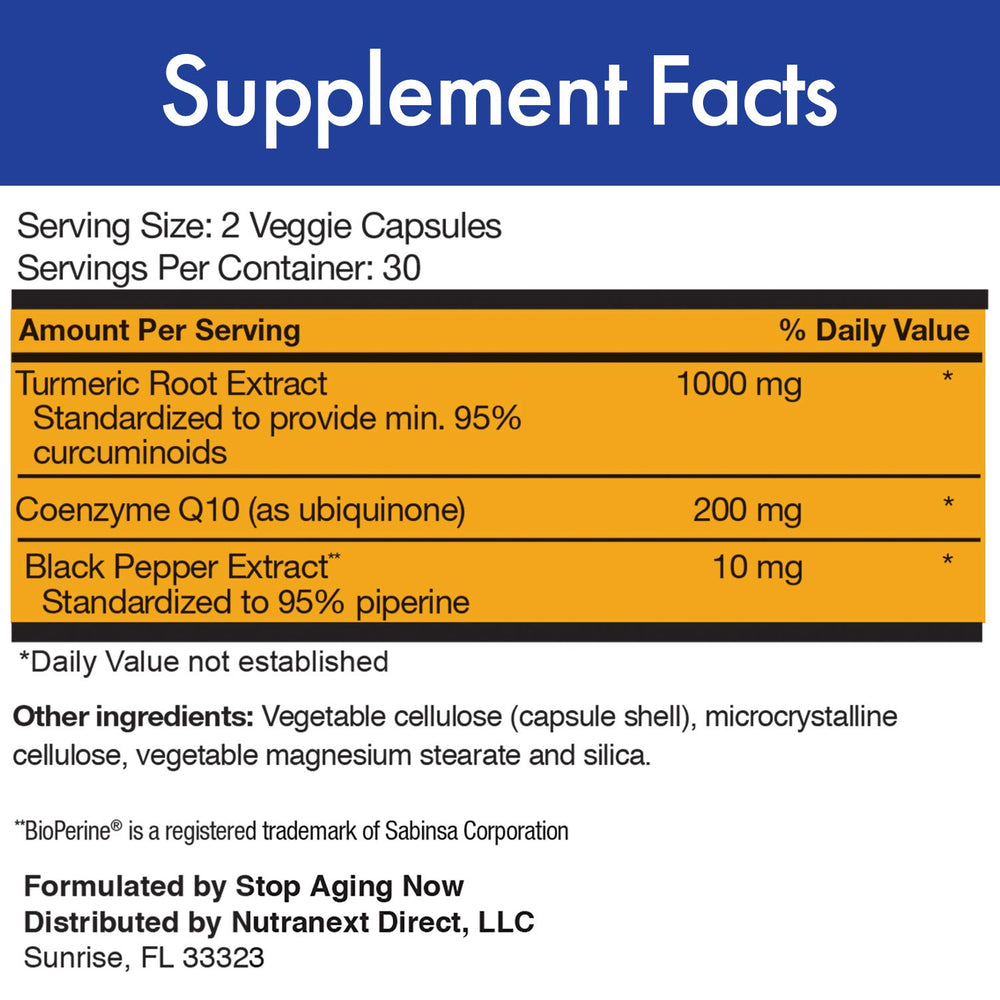 Stop Aging Now CUR-Q10 Ultra Complex ingredients blend with turmeric and CoQ10