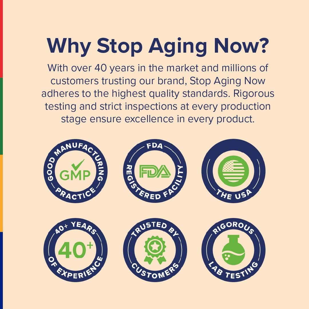 Stop Aging Now ingredients list showing food-sourced collagen sources.