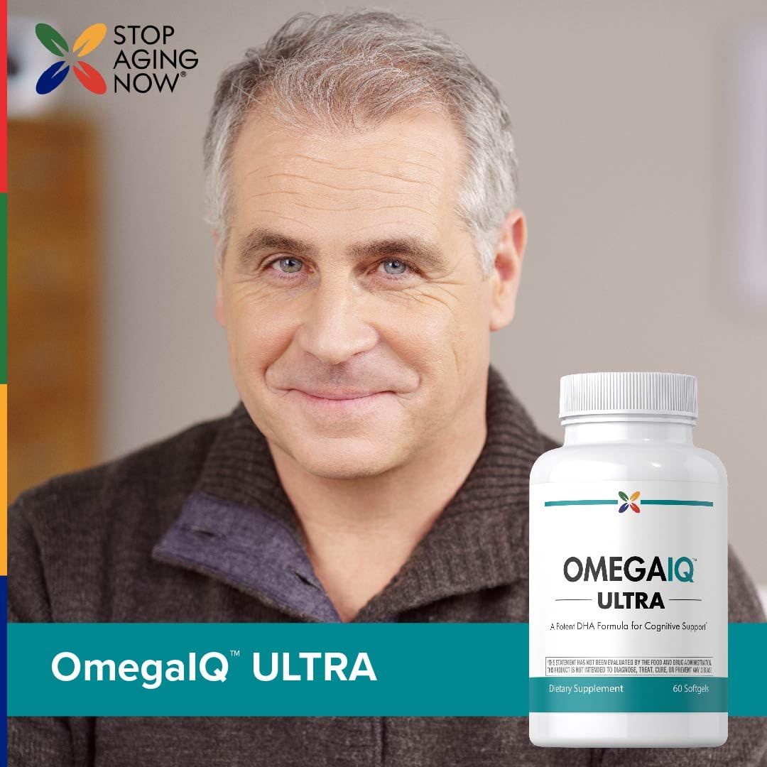 Stop Aging Now Omega-3 nutrition facts label presents purified fish oil details.