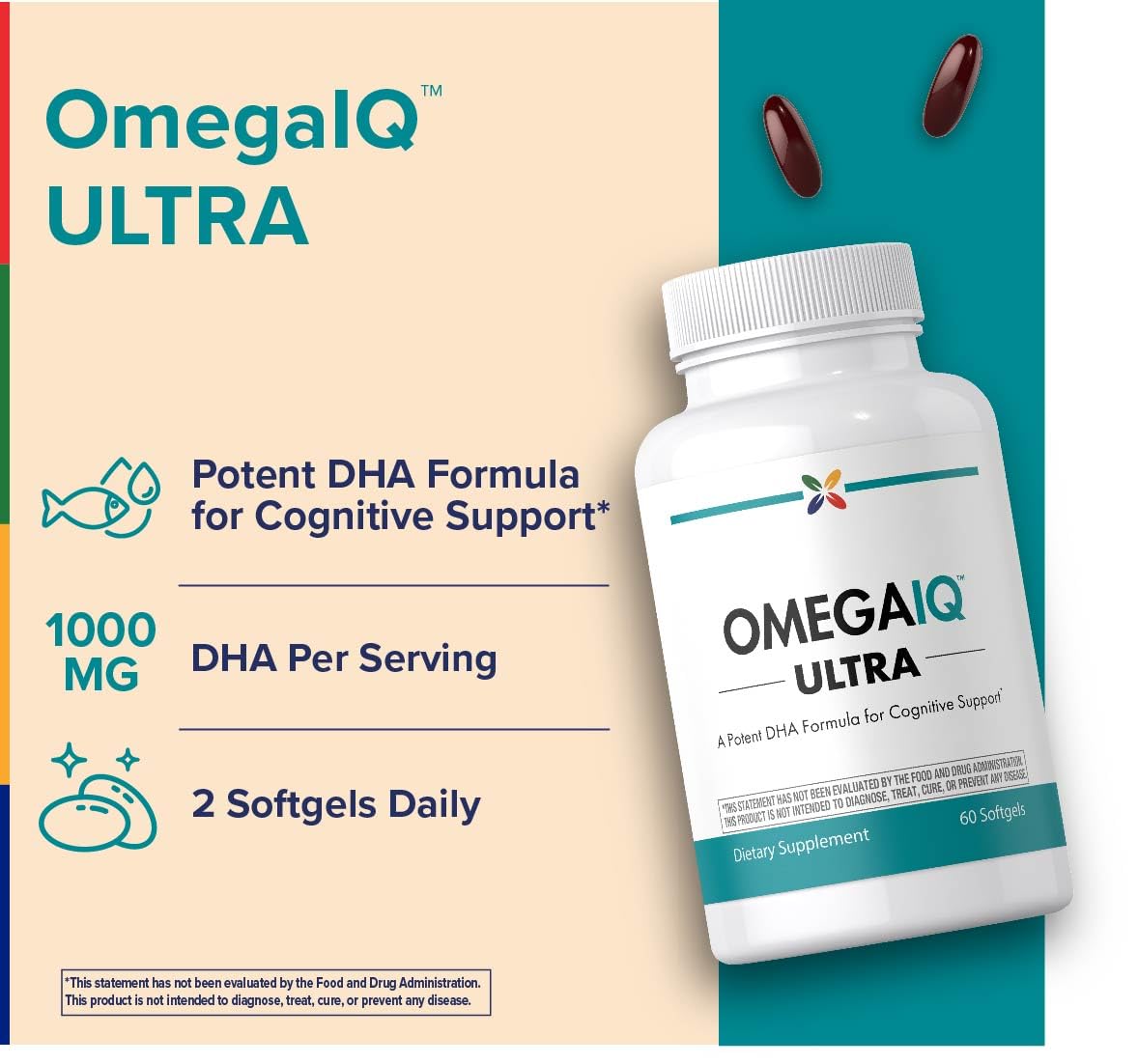 Stop Aging Now Omega-3 softgels closeup showing high DHA per serving.
