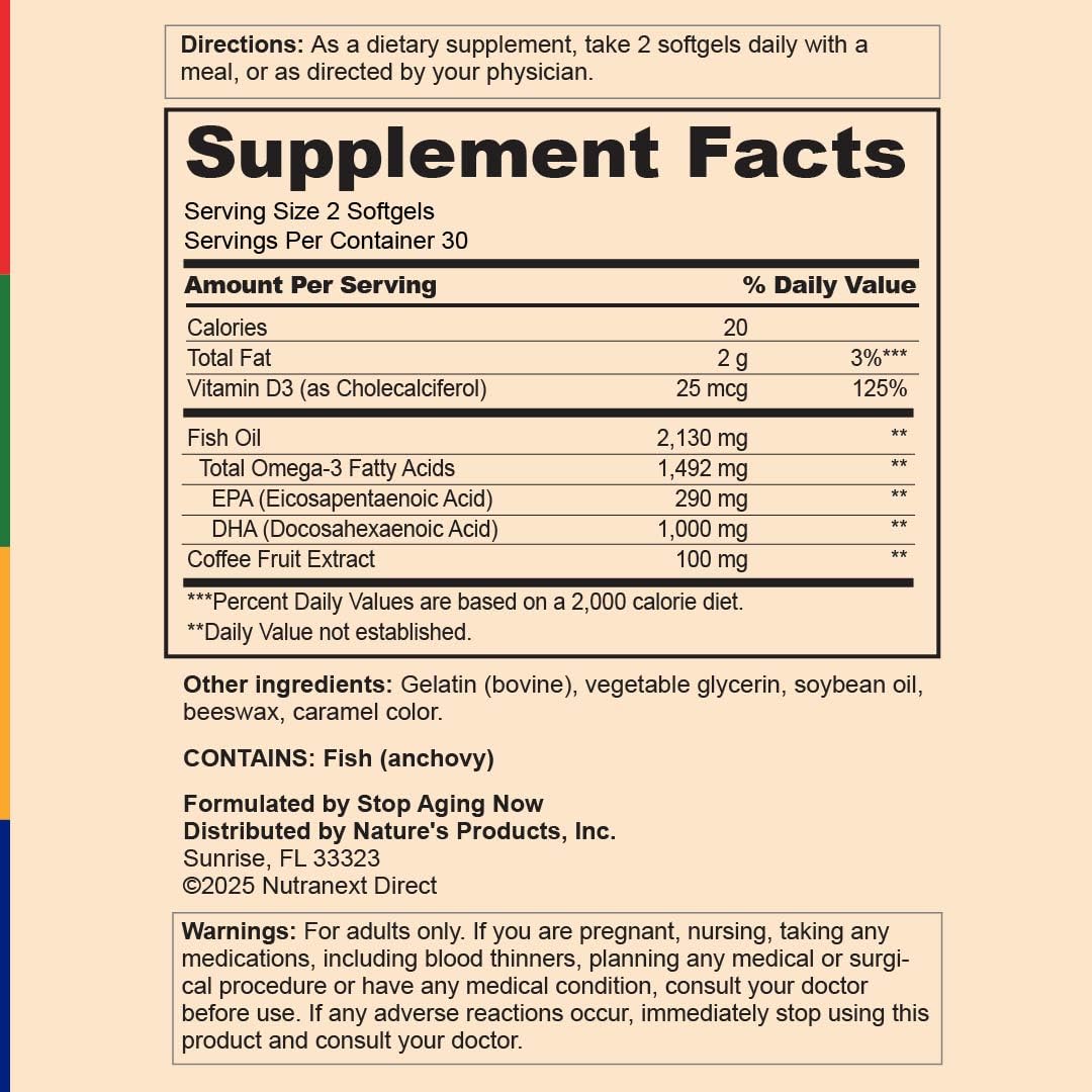 Stop Aging Now Omega-3 softgels pour demonstrates convenient daily serving.