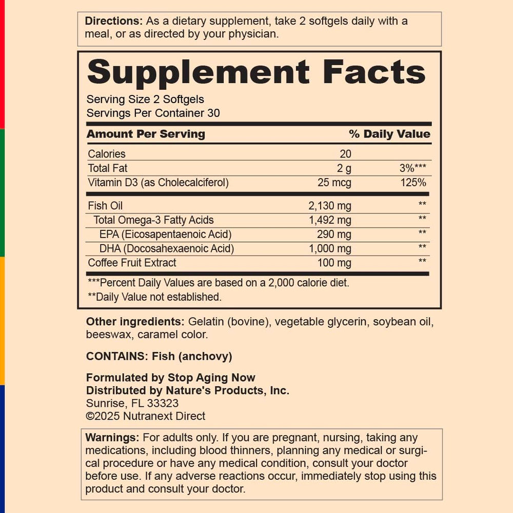 Stop Aging Now Omega-3 softgels pour demonstrates convenient daily serving.