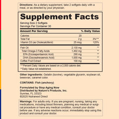 Stop Aging Now Omega-3 softgels pour demonstrates convenient daily serving.