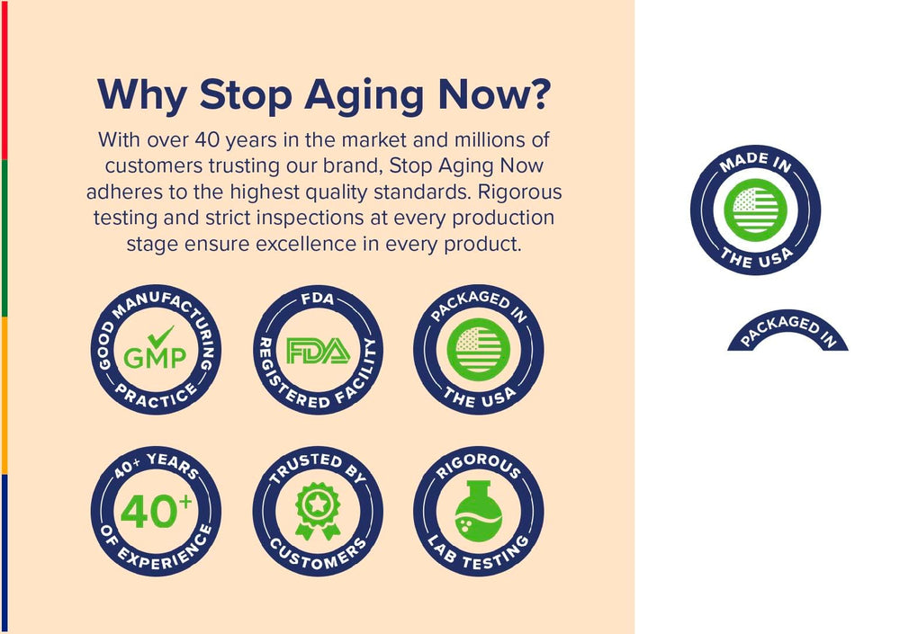 Stop Aging Now packaging box with label for easy shopping.