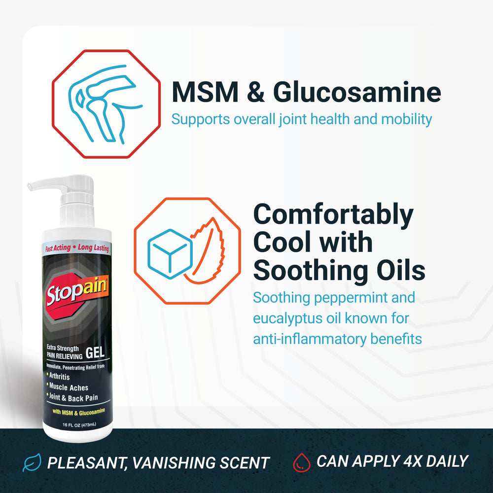Stopain gel applied to knee area demonstrates targeted joint comfort use.