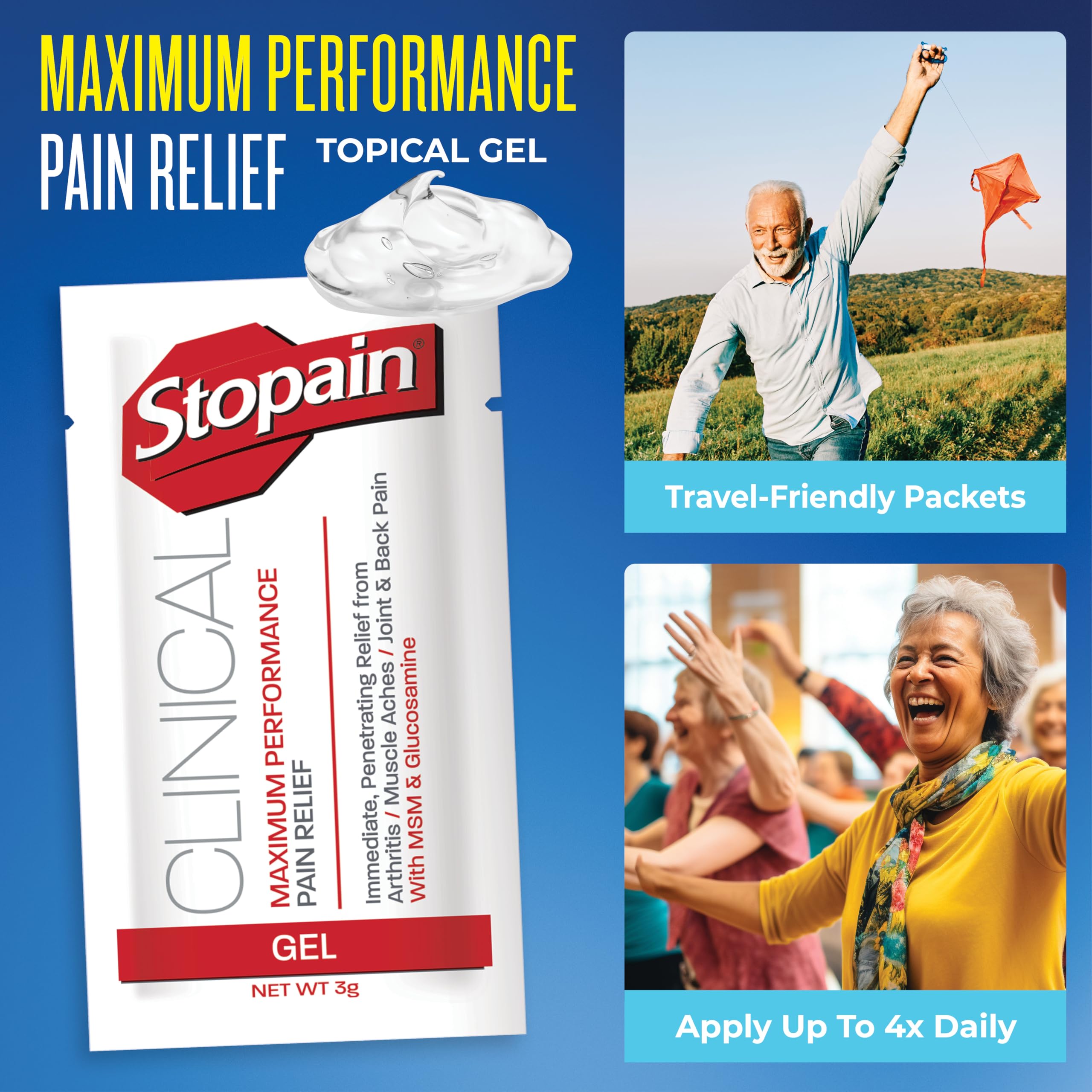 Stopain Clinical Gel Packet for fast-acting relief in a compact, portable format.