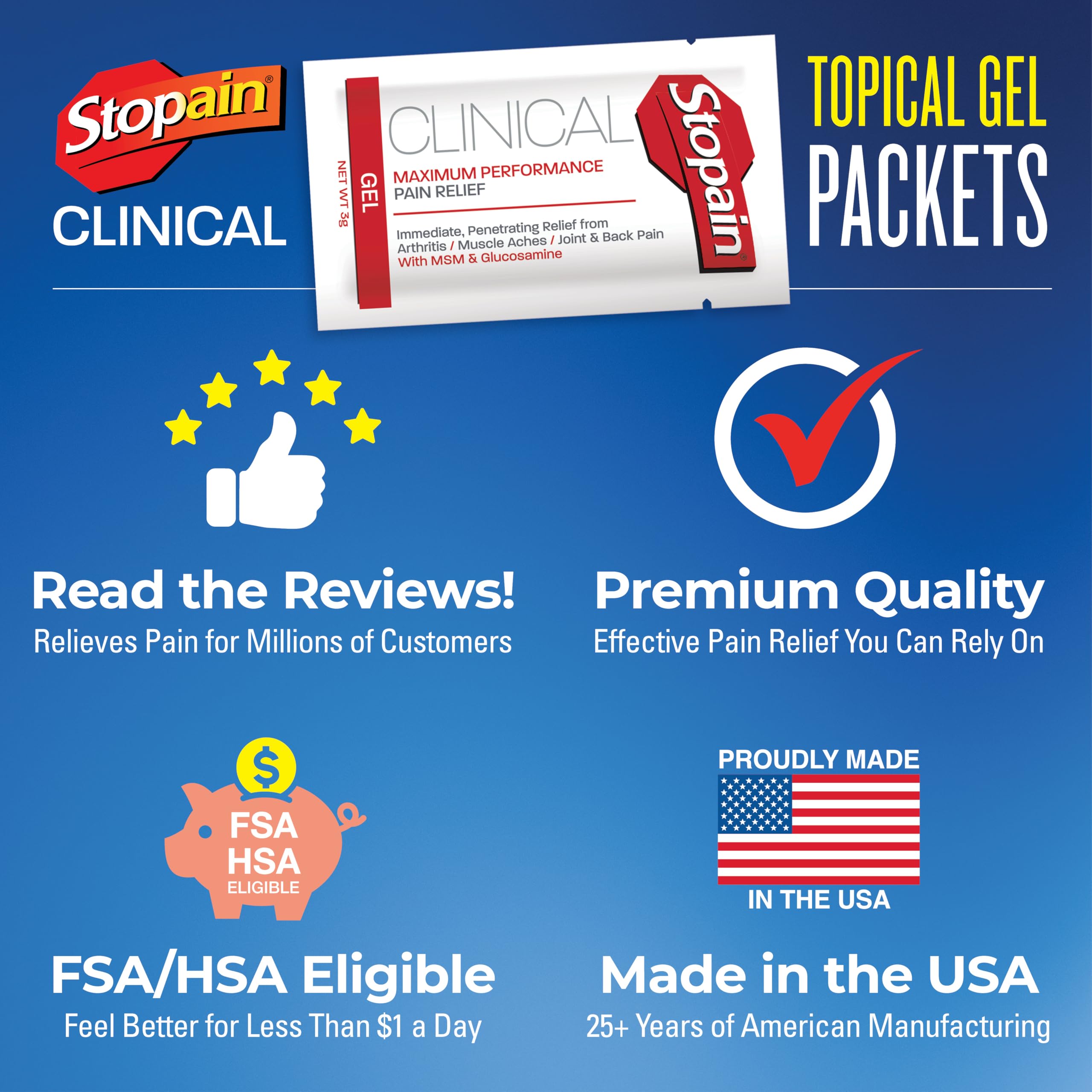 Stopain Clinical Gel Packet proudly made in the USA.