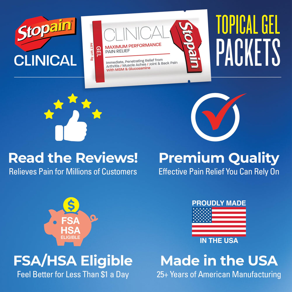 Stopain Clinical Gel Packet proudly made in the USA.