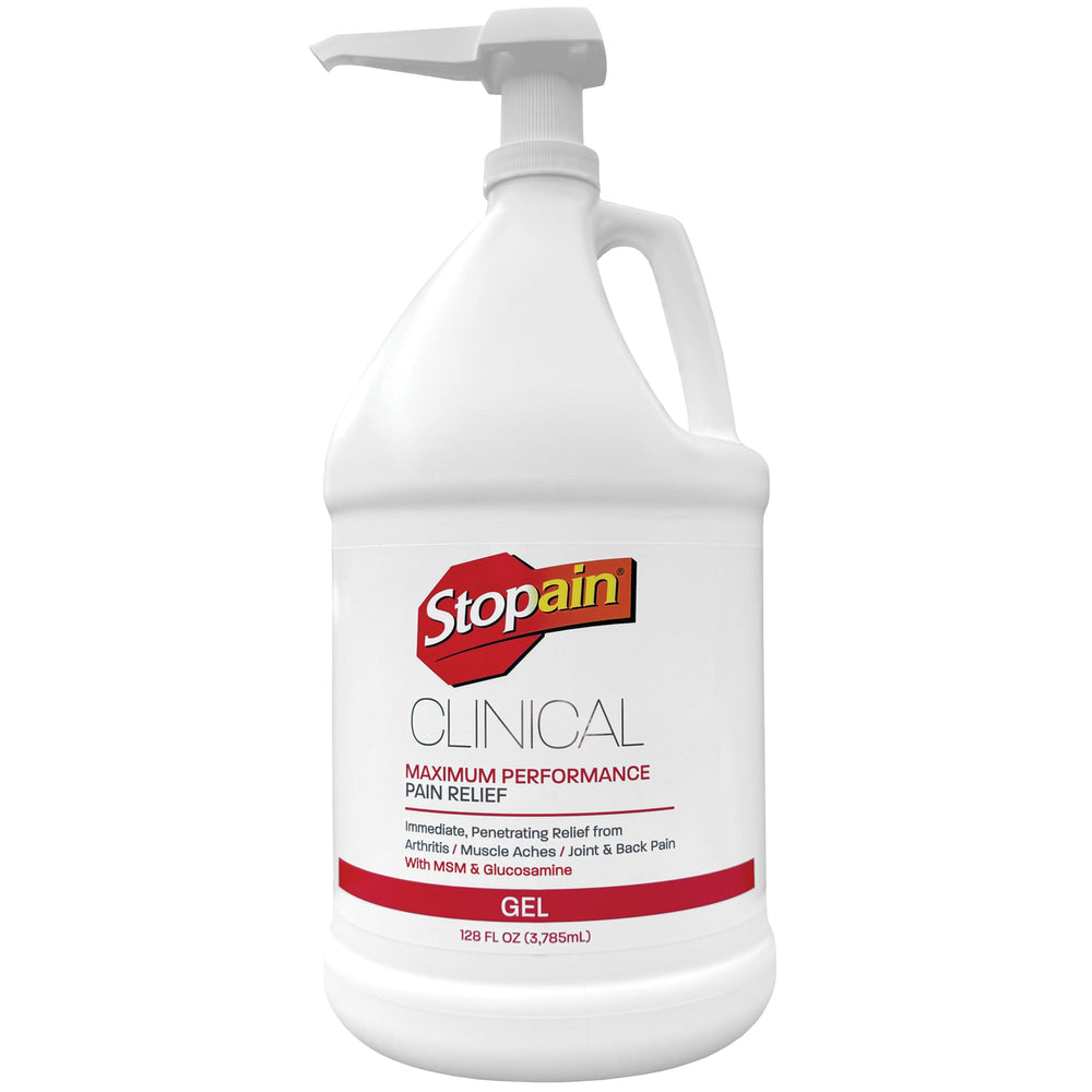 Stopain clinical pain relief gel 1gal bottle shown for fast, non-greasy contact relief
