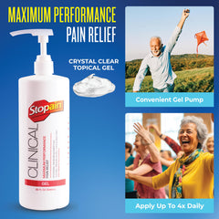 Stopain Clinical Pain Relief Gel 32oz application on arm shows fast-acting relief.