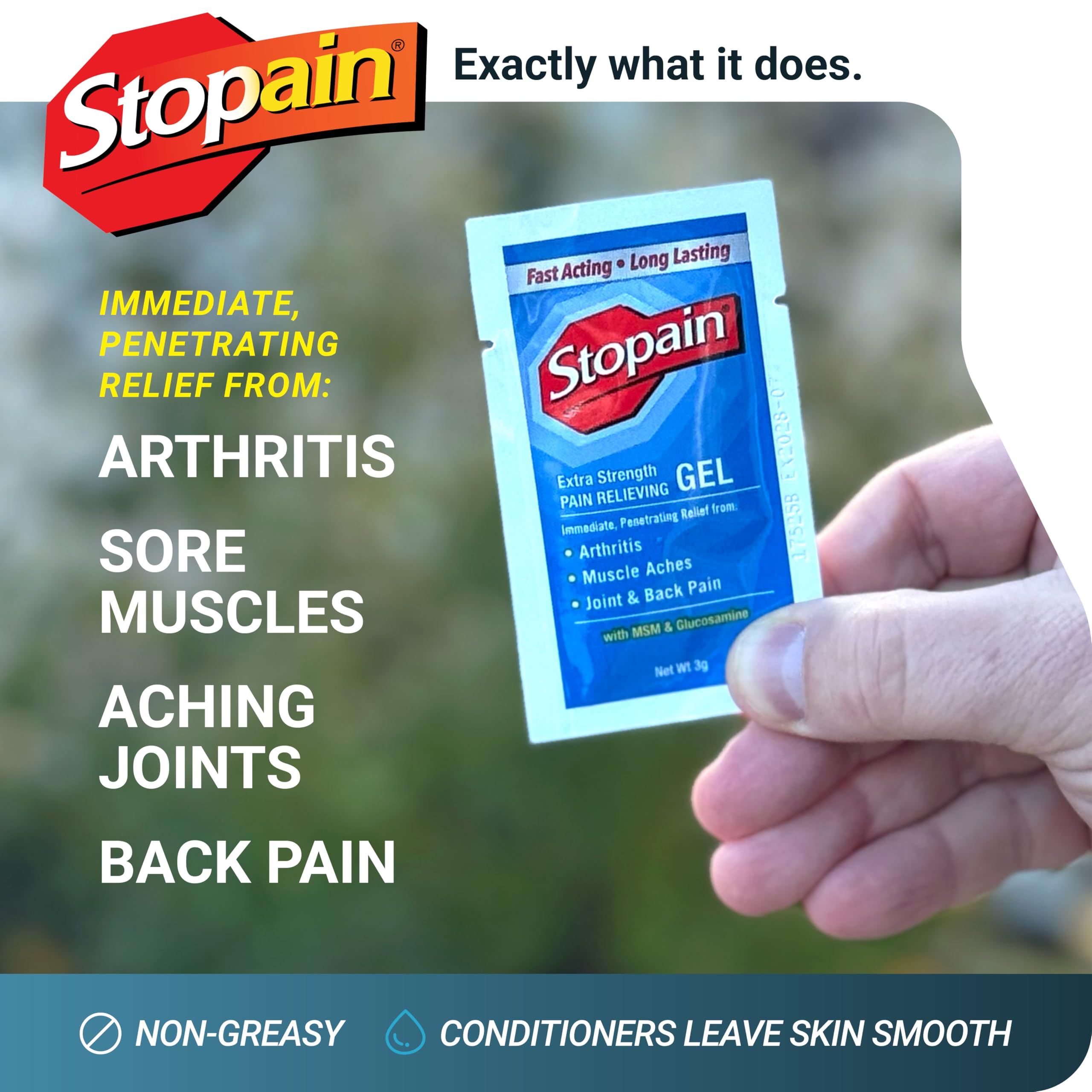 Stopain menthol gel close-up highlighting fast-acting cooling sensation.