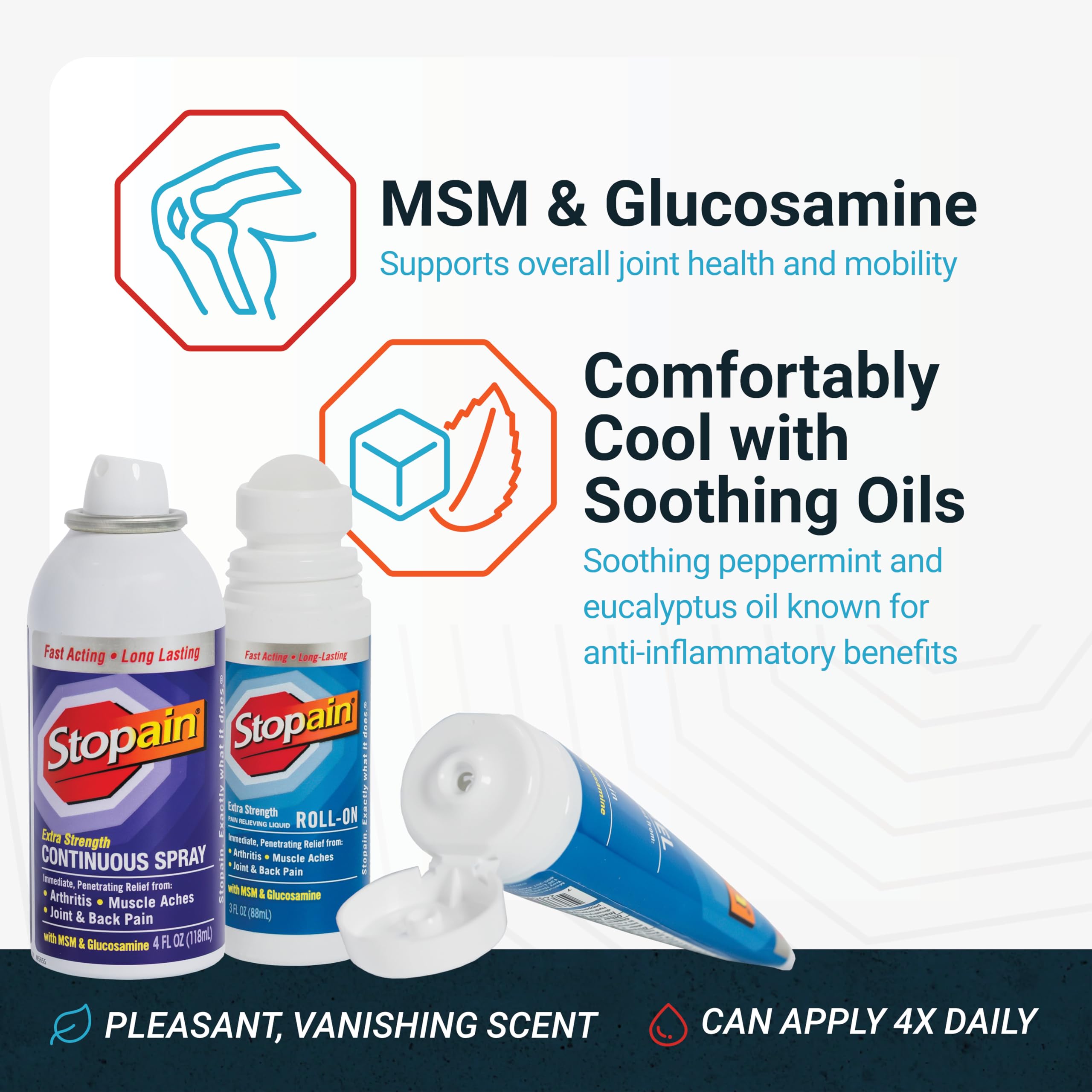 Stopain MSM and glucosamine ingredients support joint mobility and flexibility.
