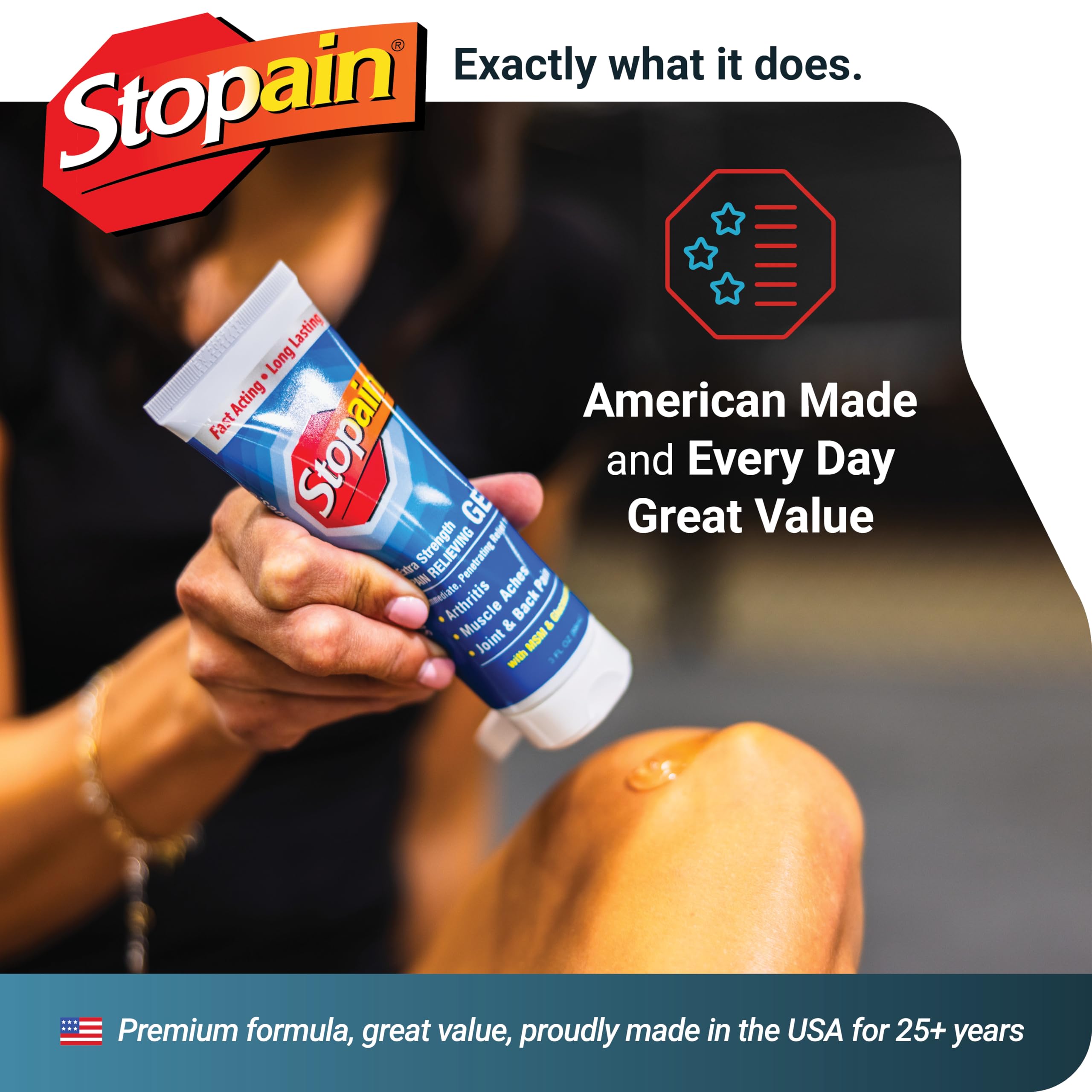 Stopain gel appears clear and fast-absorbing on skin.
