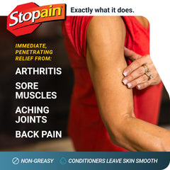 Close-up of Stopain label on the 16oz bottle highlighting USA-made quality.