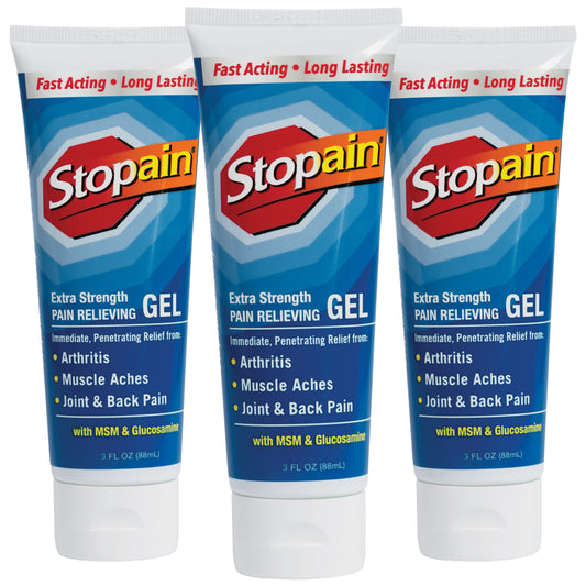 Stopain Pain Relief Gel 3oz bottle targets joints with fast-acting cooling.