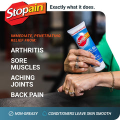 Stopain Pain Relief Gel 3oz pack highlights value and USA-made formula.