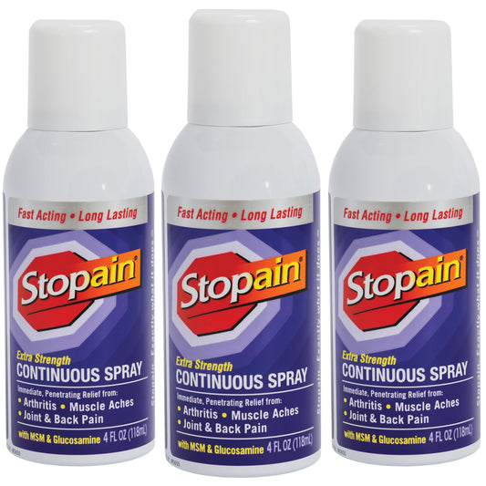 Stopain pain relief spray bottle showing fast topical relief for sore joints.