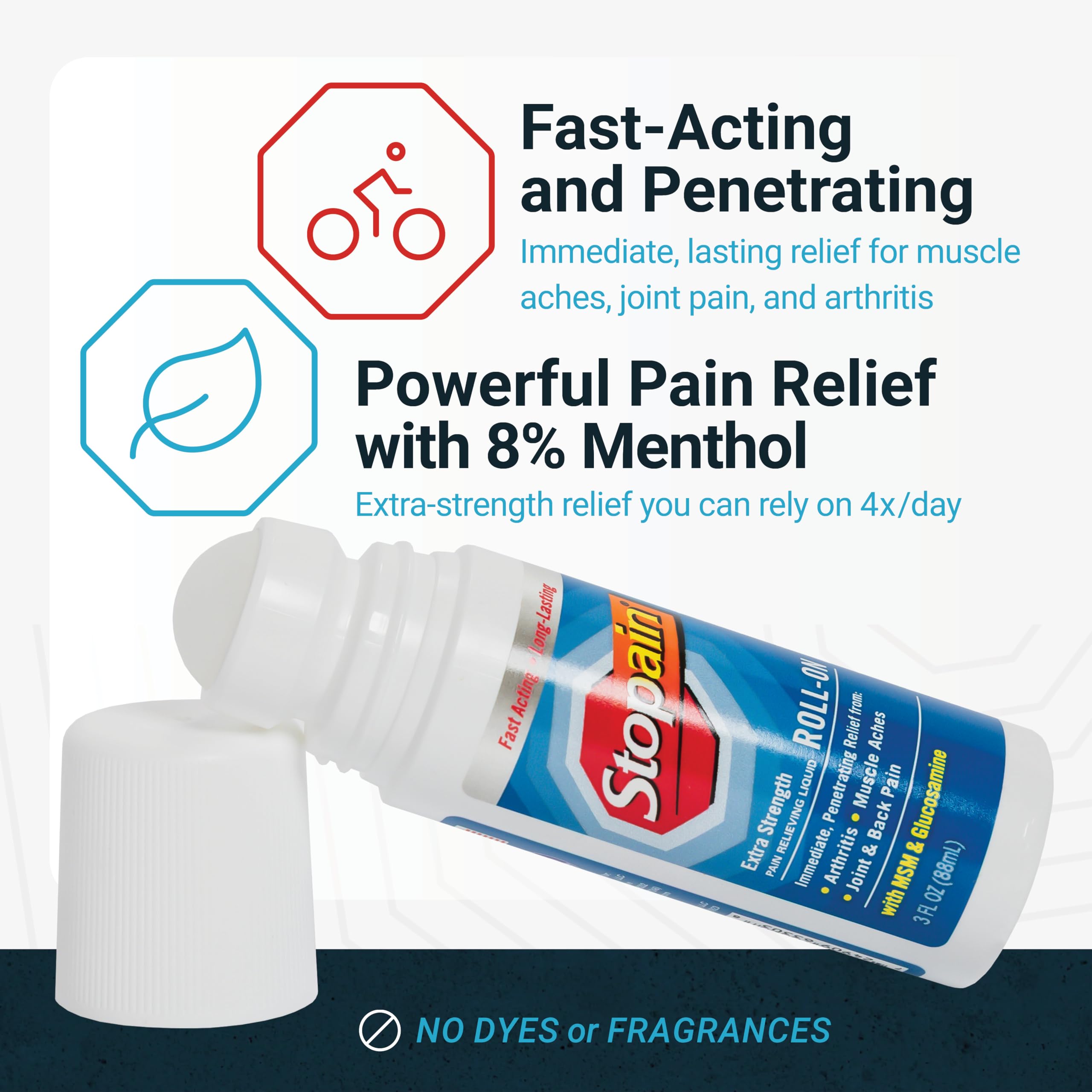 Stopain spray bottle delivers fast contact-acting relief for sore areas.