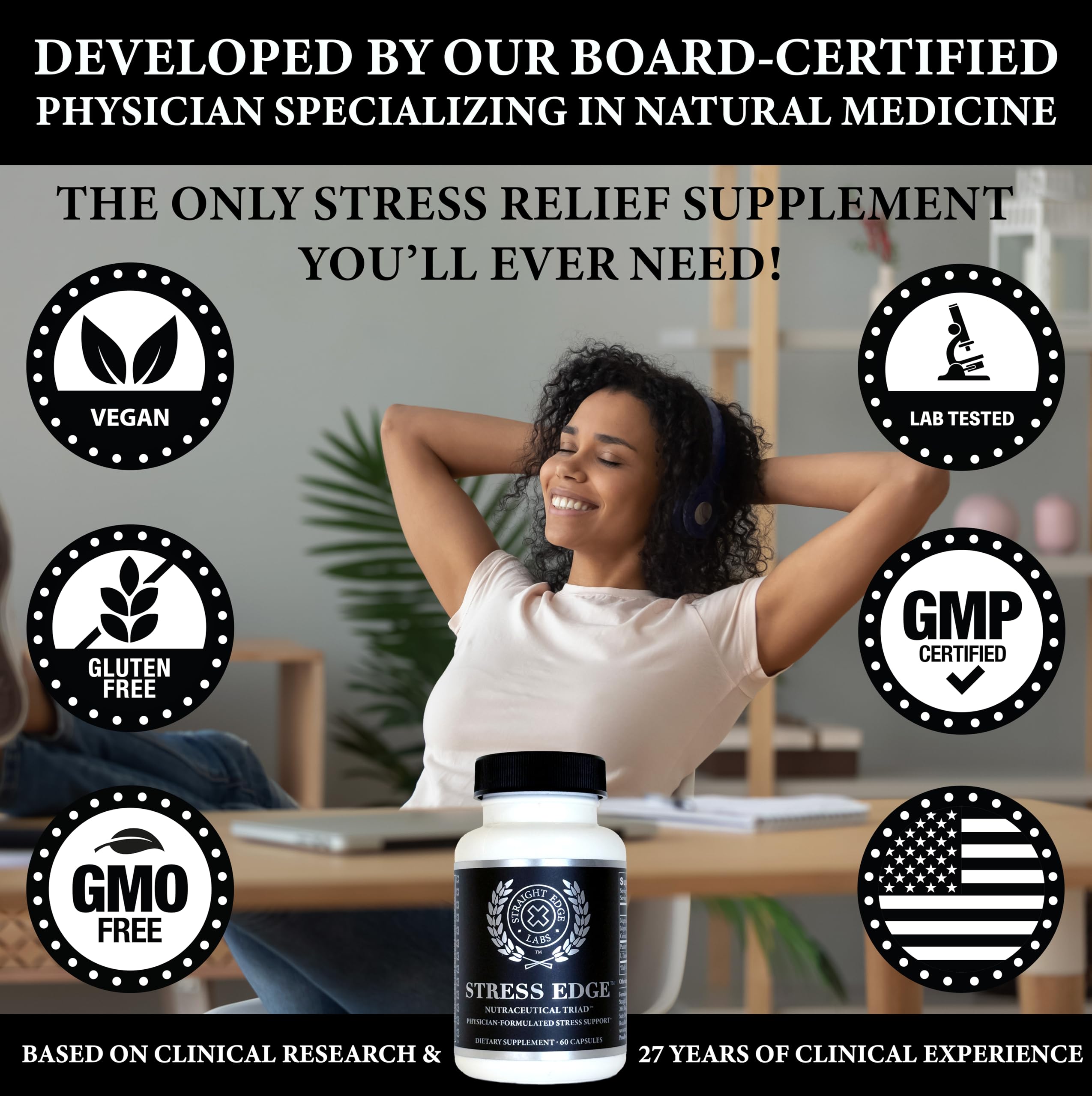 Straight Edge Labs Stress Edge capsules closeup for quick stress relief support.