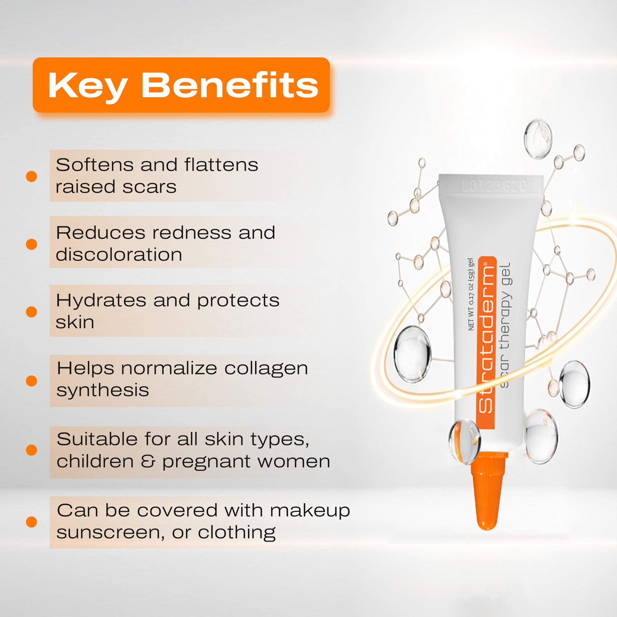 Strataderm transparent gel texture for discreet scar treatment.
