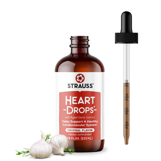 Strauss HeartDrops bottle being poured for easy heart health support