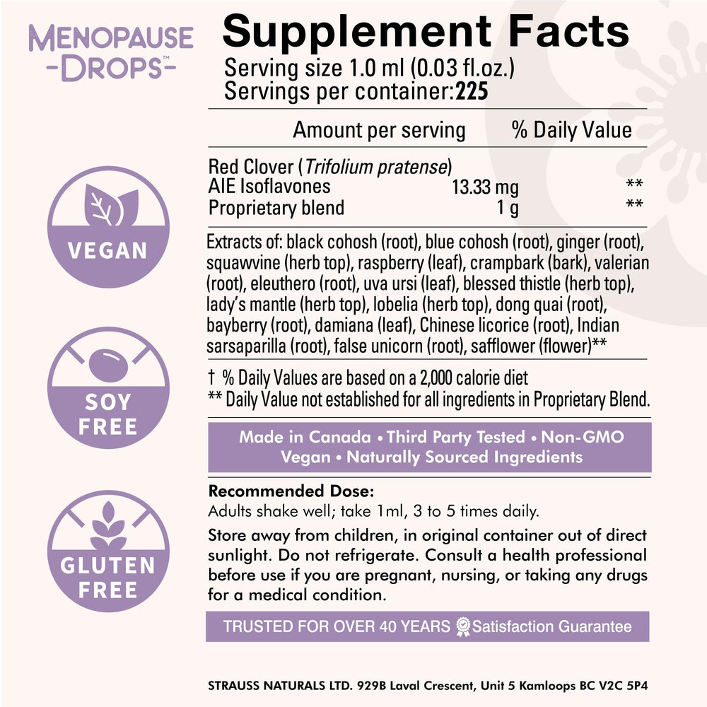 USA-made Strauss Naturals Menopause Drops label on bottle