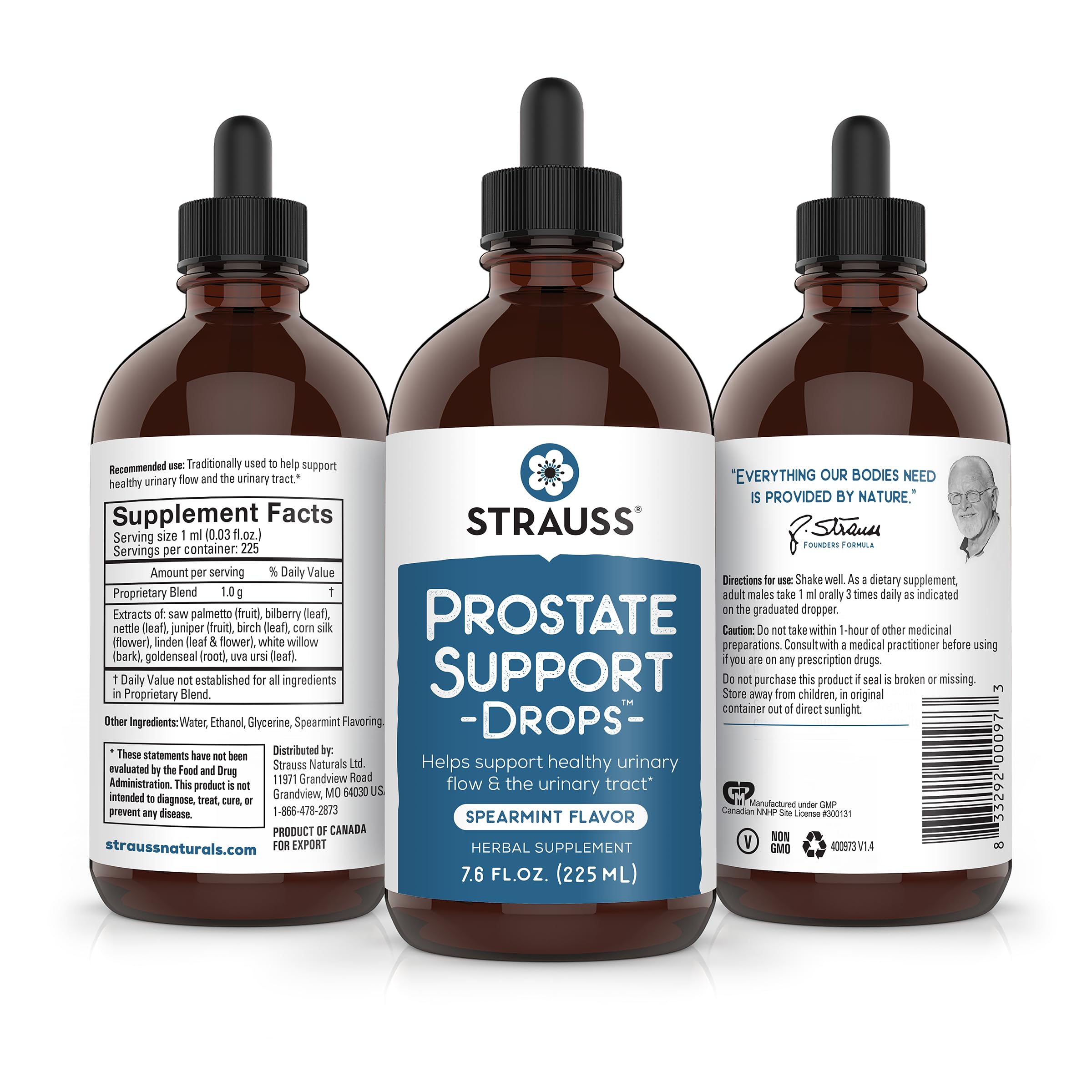 Strauss Naturals Prostate Support label close-up highlighting gluten-free, non-GMO features