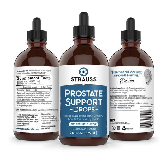 Strauss Naturals Prostate Support label close-up highlighting gluten-free, non-GMO features