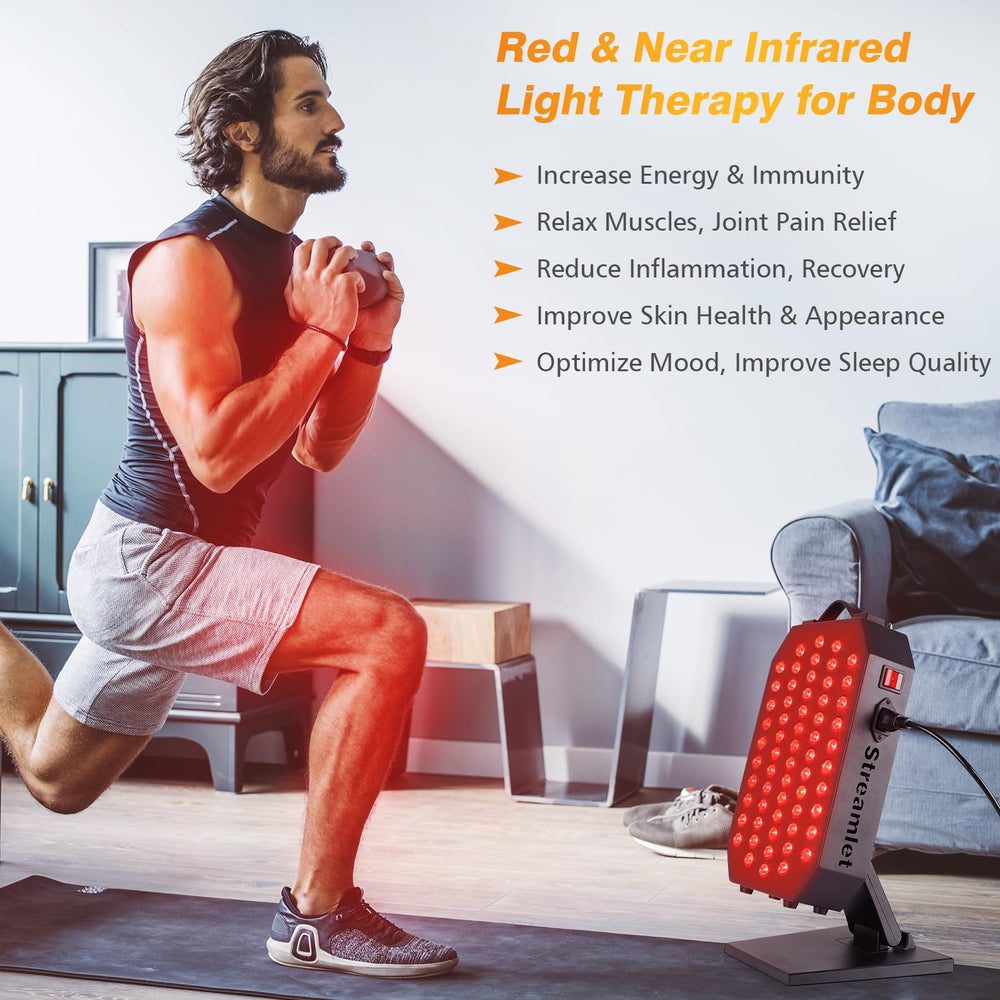 Streamlet red light panel for full-body use in a comfortable home recovery session.