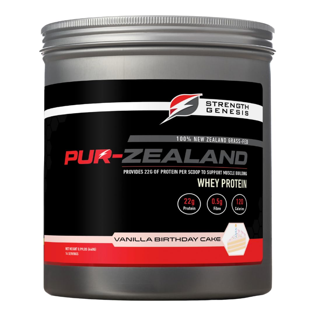 Strength Genesis Pur Zealander vanilla whey powder on a kitchen counter for post-workout fueling