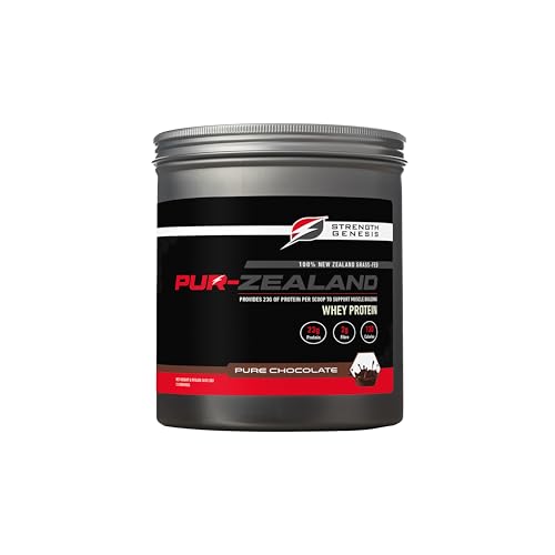 Strength Genesis Pur Zealander whey chocolate tub back showing label details