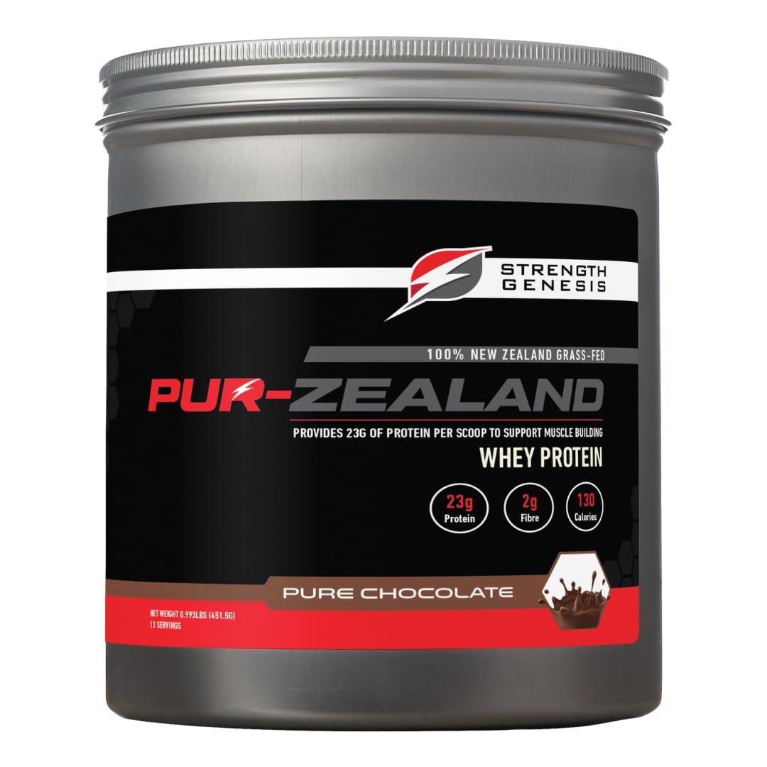 Strength Genesis Pur Zealander whey chocolate tub viewed from front for post workout use