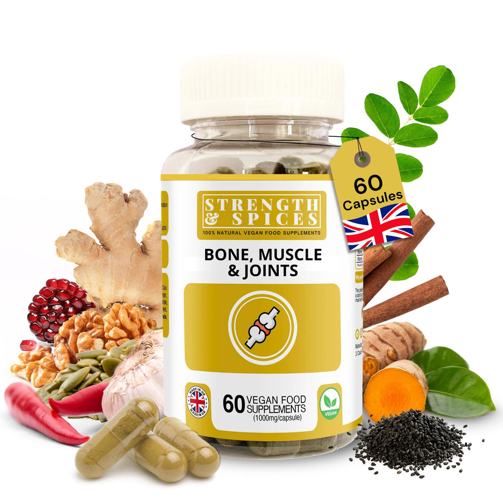 Strength & Spices bone-mobility bottle shows 60 vegan capsules for daily joint support.