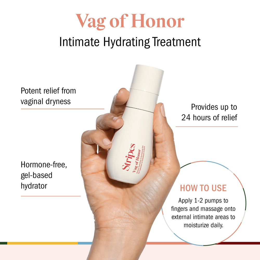 STRIPES Vag Honor Hydrating Gel pump-action image shows easy application for extreme dryness.